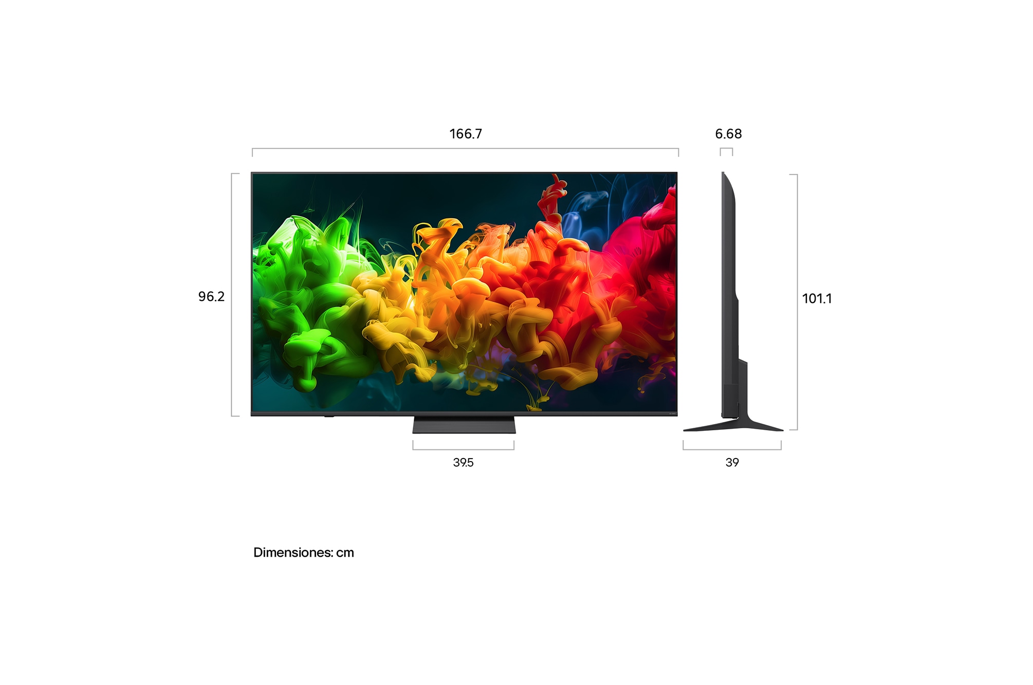 LG QNED evo AI QNED85 Mini LED shown in front and side views highlights a 100-inch display with a 2230 mm-wide screen, 1277 mm screen height, 1374/1338 mm height with stand, a 49.9 mm profile depth, and a stand footprint measuring 1725 by 415 mm.